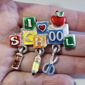 AJMC Vintage Silver Tone I Love School Dangling Charms Brooch